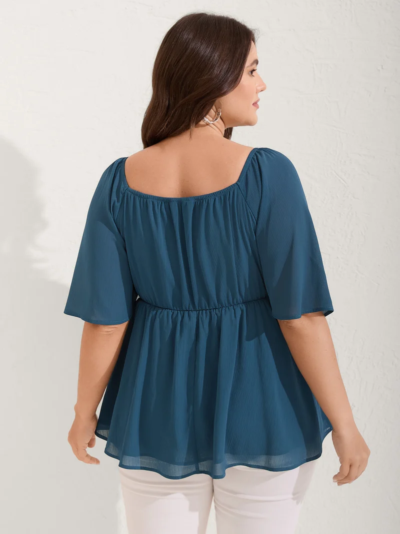 Shirred Ruffled Sleeve Color Contrast Blouse