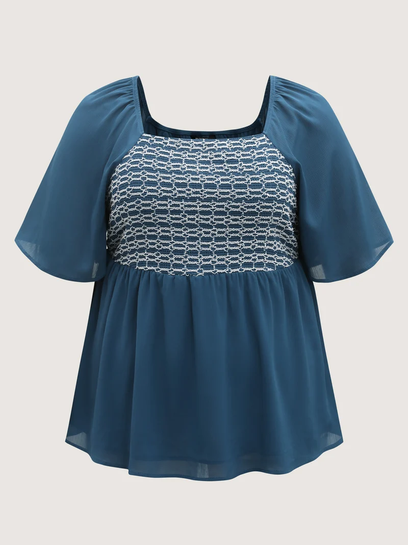 Shirred Ruffled Sleeve Color Contrast Blouse
