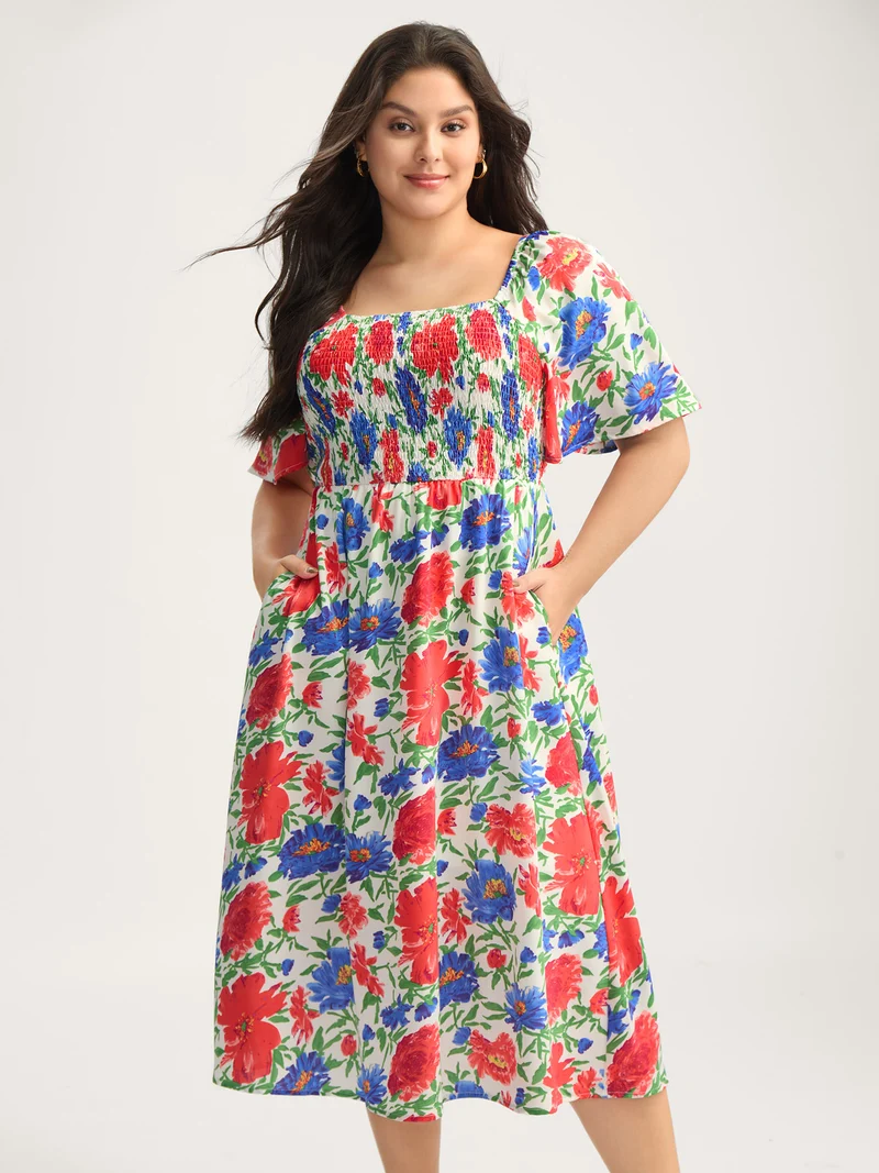 Sunkissed Floral Shirred Pockets Midi Dress