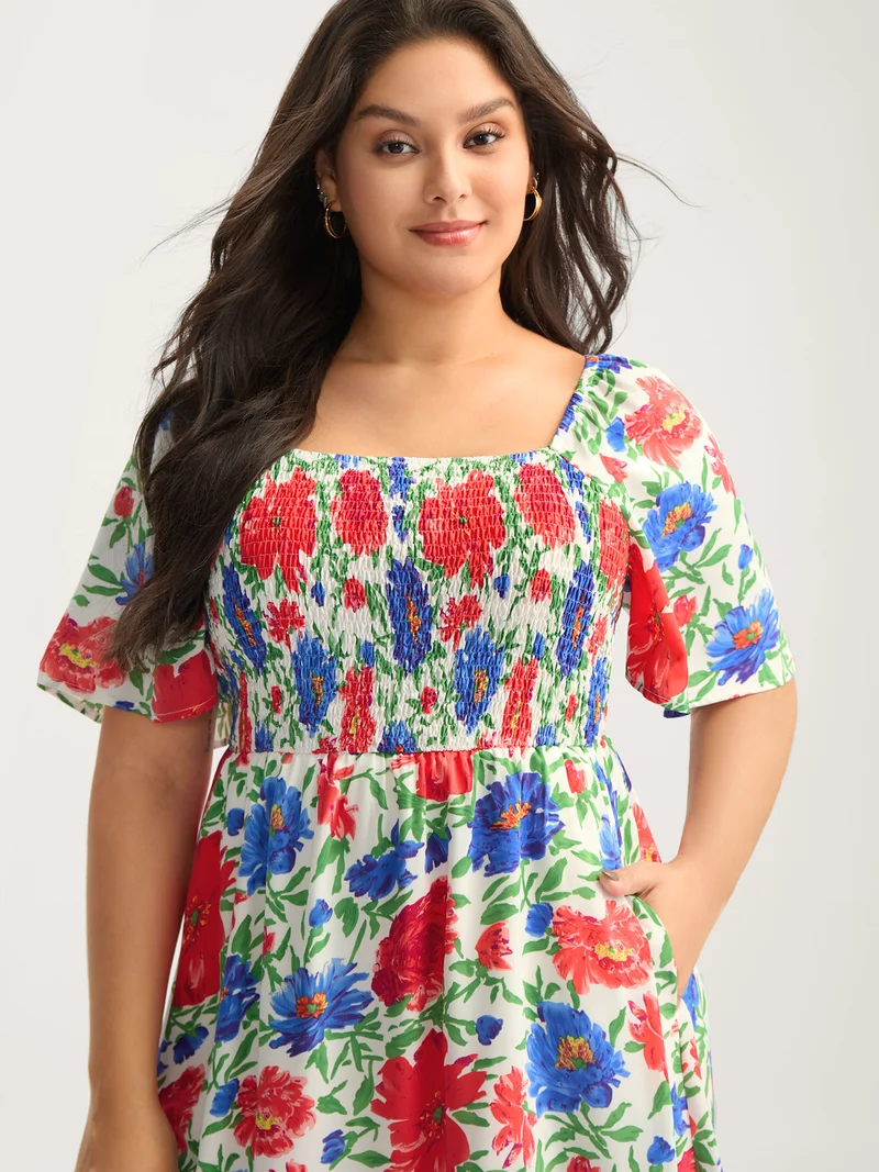 Sunkissed Floral Shirred Pockets Midi Dress