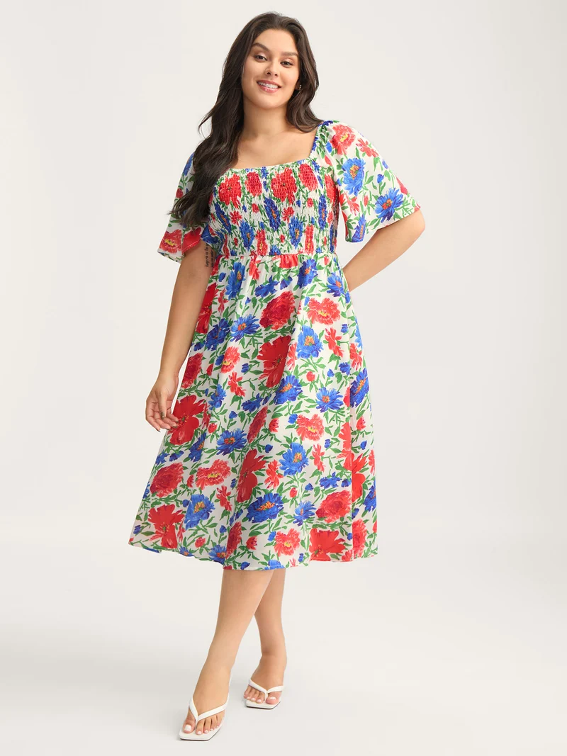 Sunkissed Floral Shirred Pockets Midi Dress