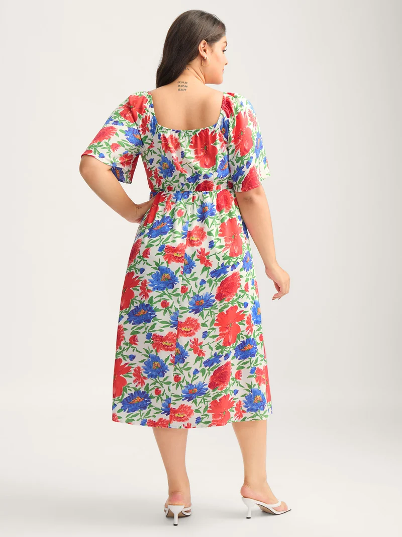Sunkissed Floral Shirred Pockets Midi Dress