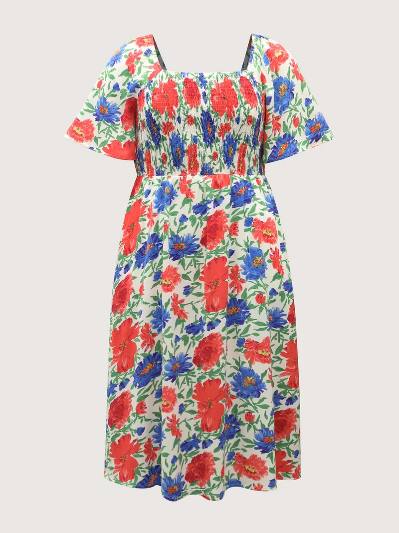 Sunkissed Floral Shirred Pockets Midi Dress