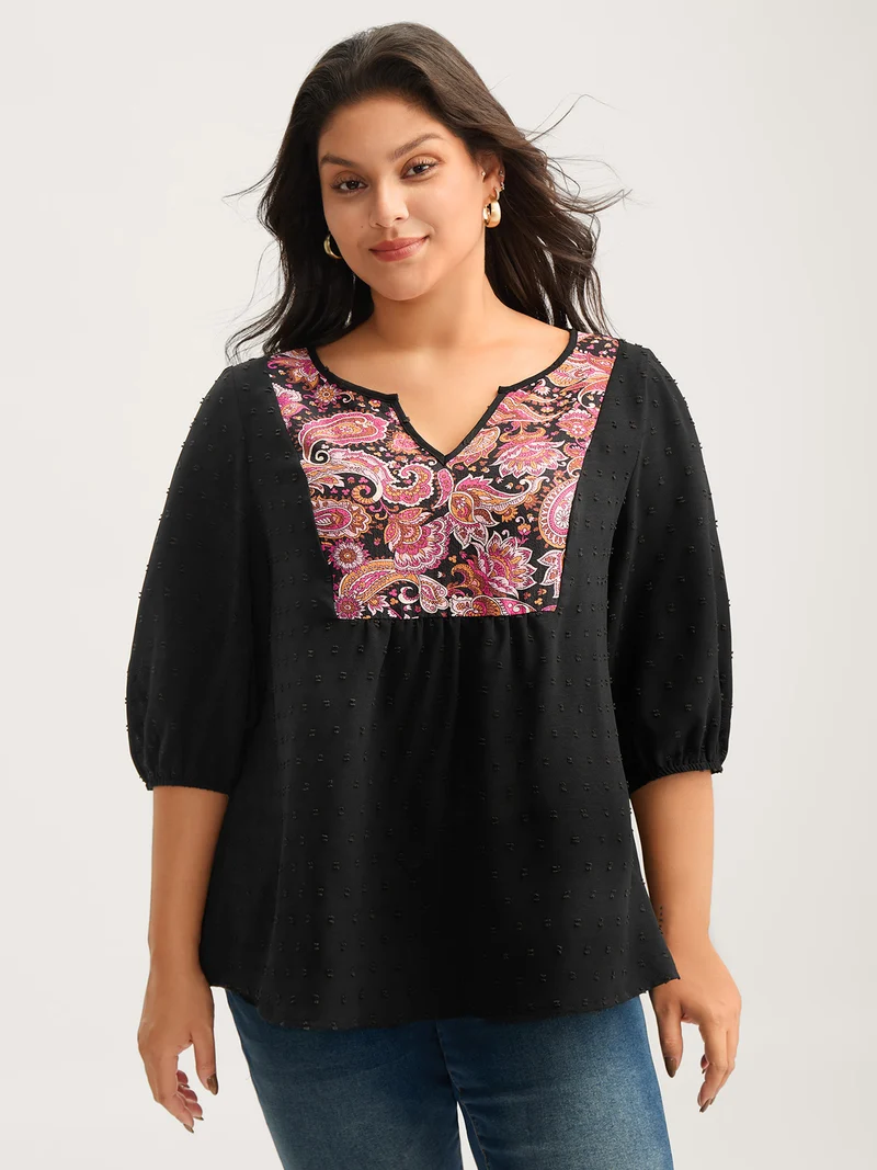 Paisley Print Textured Puff Sleeve Blouse