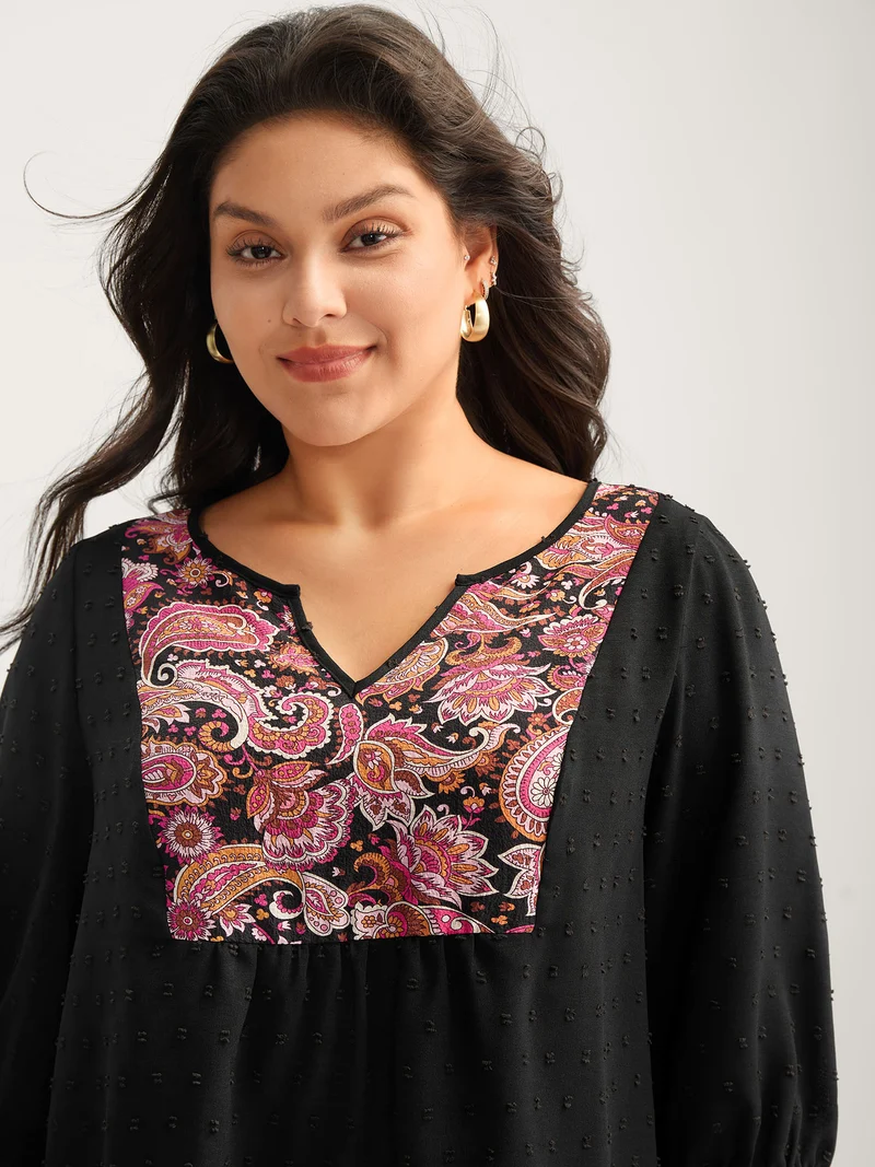 Paisley Print Textured Puff Sleeve Blouse