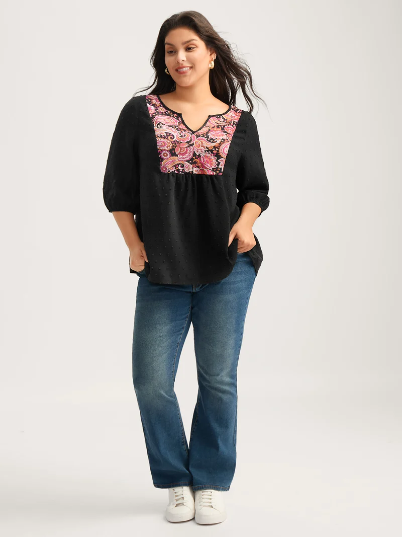 Paisley Print Textured Puff Sleeve Blouse