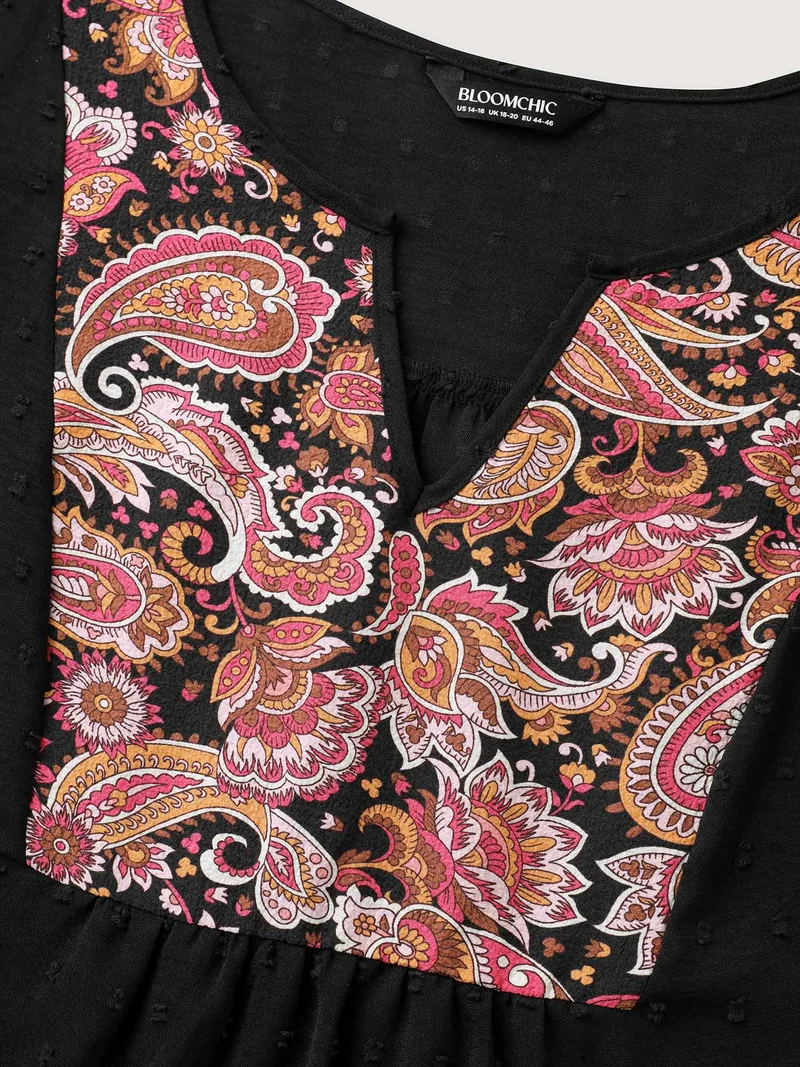 Paisley Print Textured Puff Sleeve Blouse