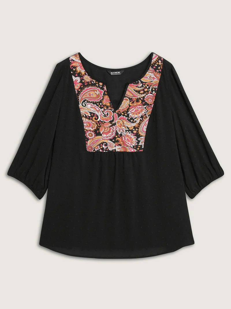 Paisley Print Textured Puff Sleeve Blouse