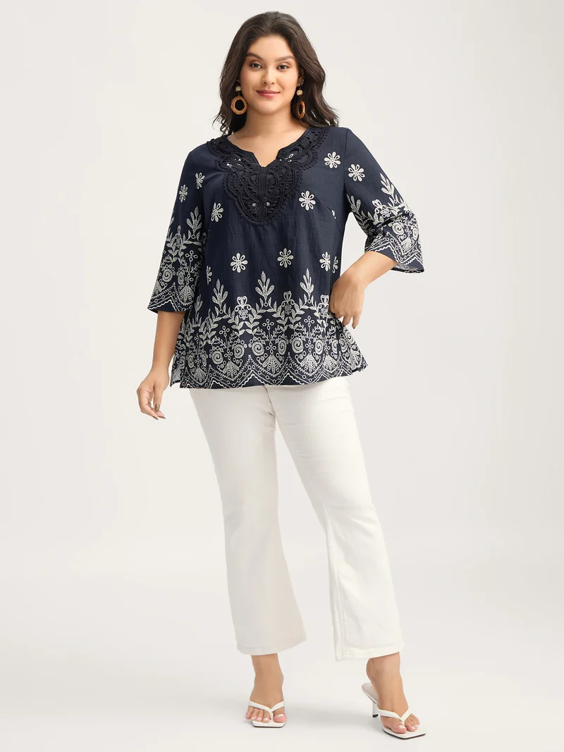 Boho Print Lace Neck Blouse