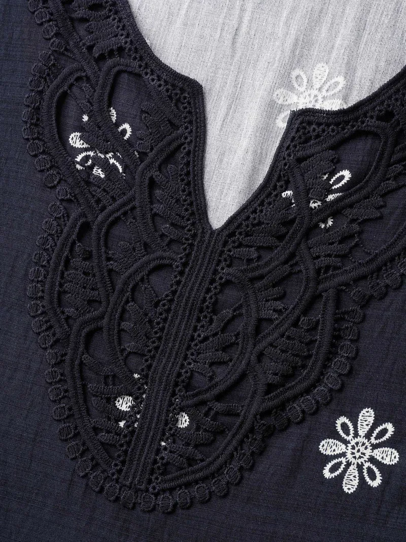 Boho Print Lace Neck Blouse