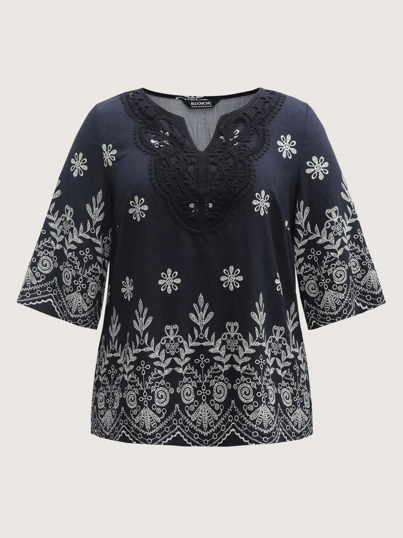 Boho Print Lace Neck Blouse