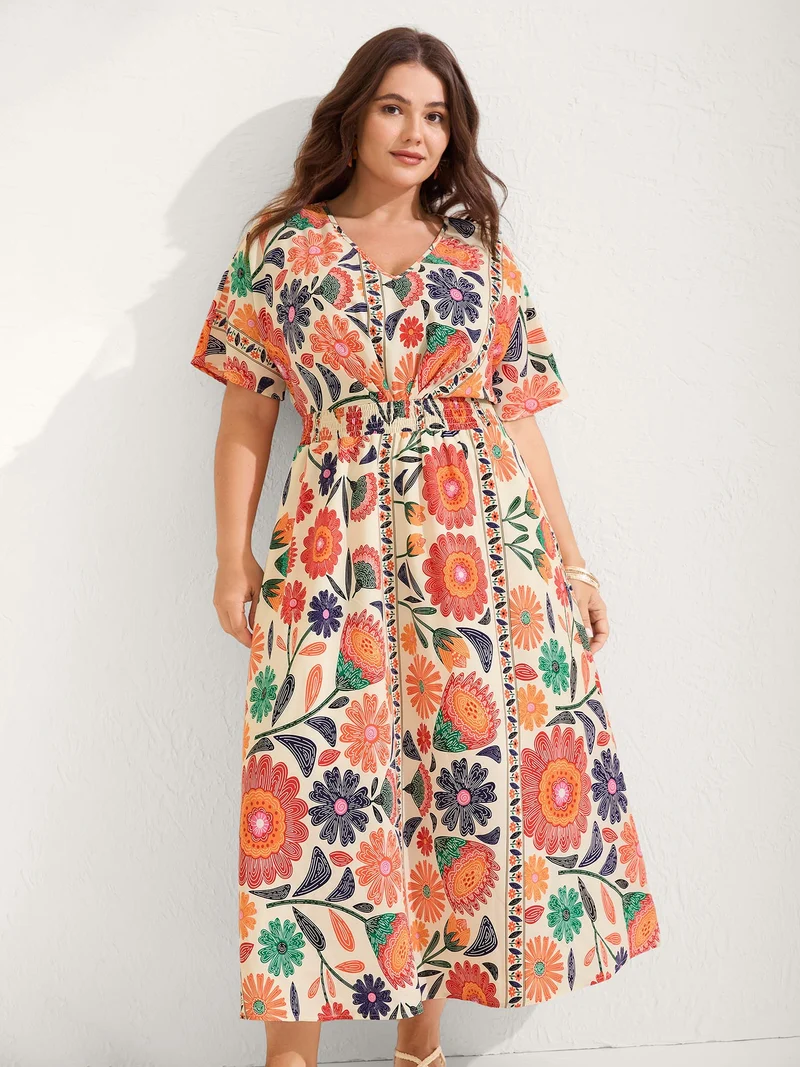 Floral Print Gathered Waist Pleated Midi Dress