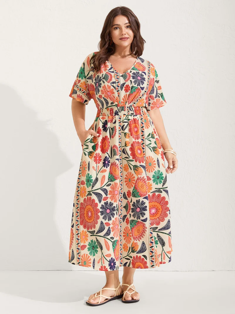 Floral Print Gathered Waist Pleated Midi Dress