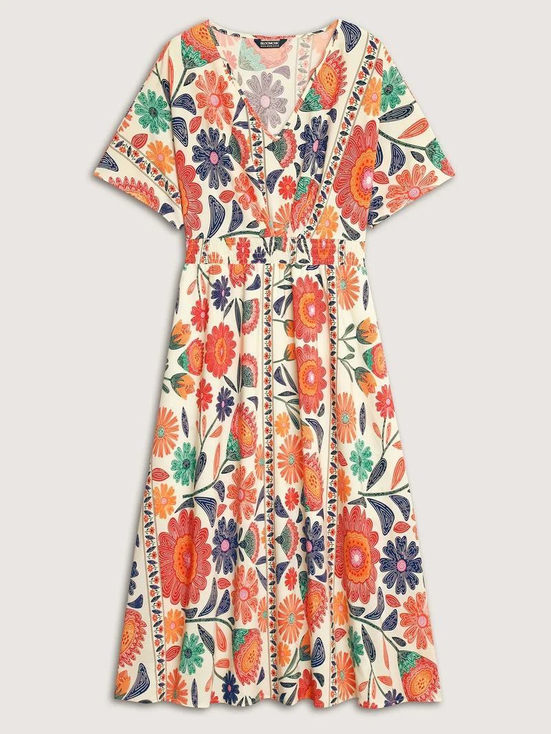 Floral Print Gathered Waist Pleated Midi Dress