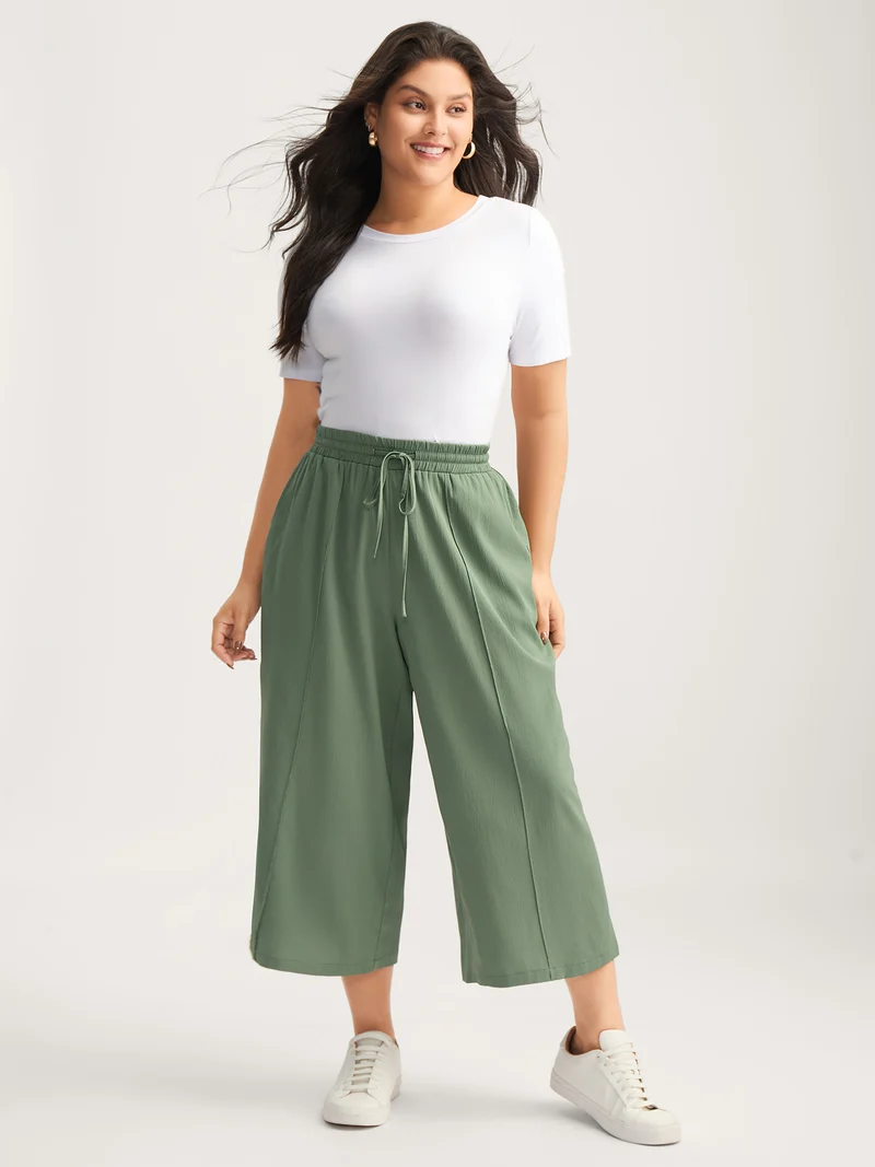 Drawstring Pin Tuck Wide-Leg Pants