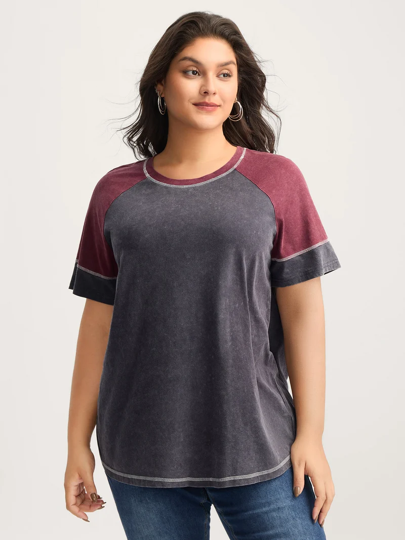 Cotton Vintage Color Contrast Solid T-Shirt