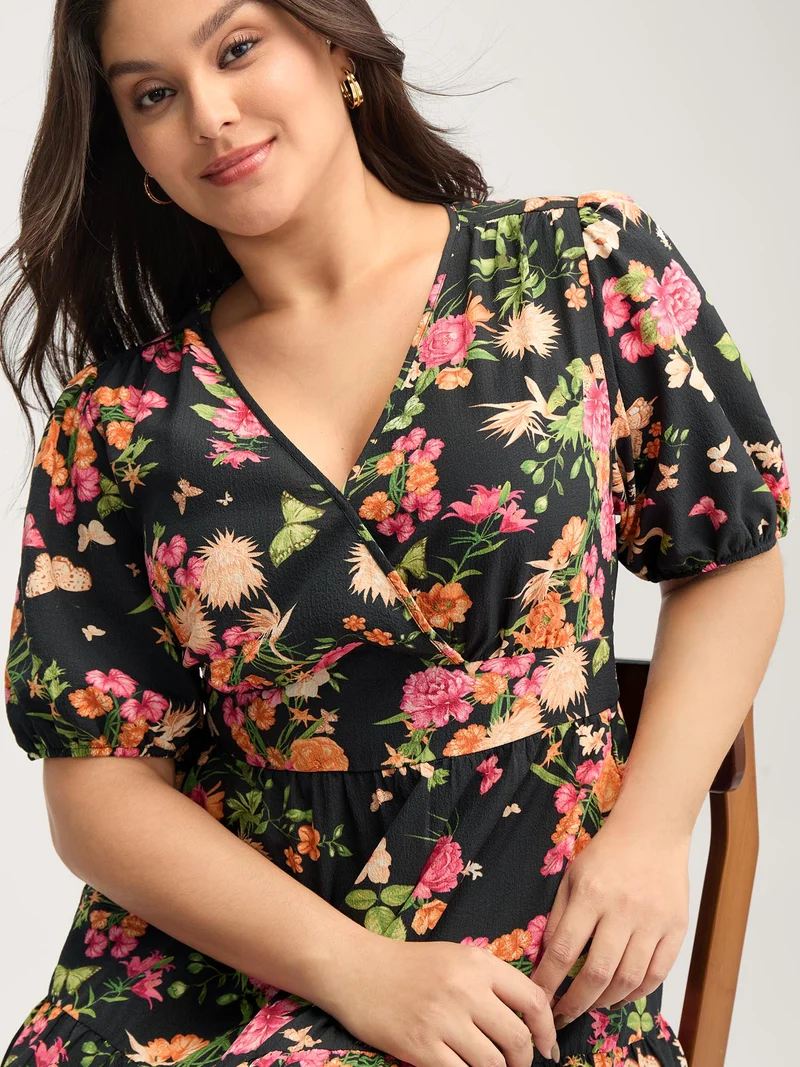 Sweet Floral Print Puff Sleeve Midi Dress