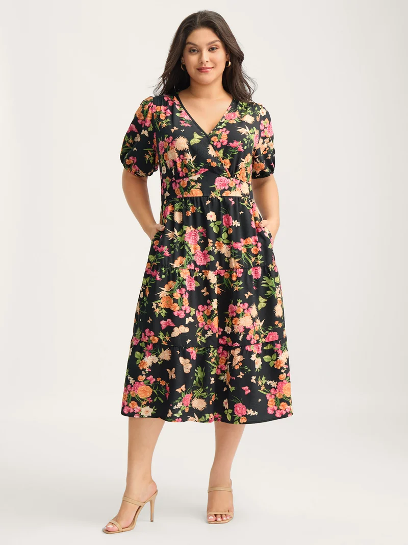 Sweet Floral Print Puff Sleeve Midi Dress