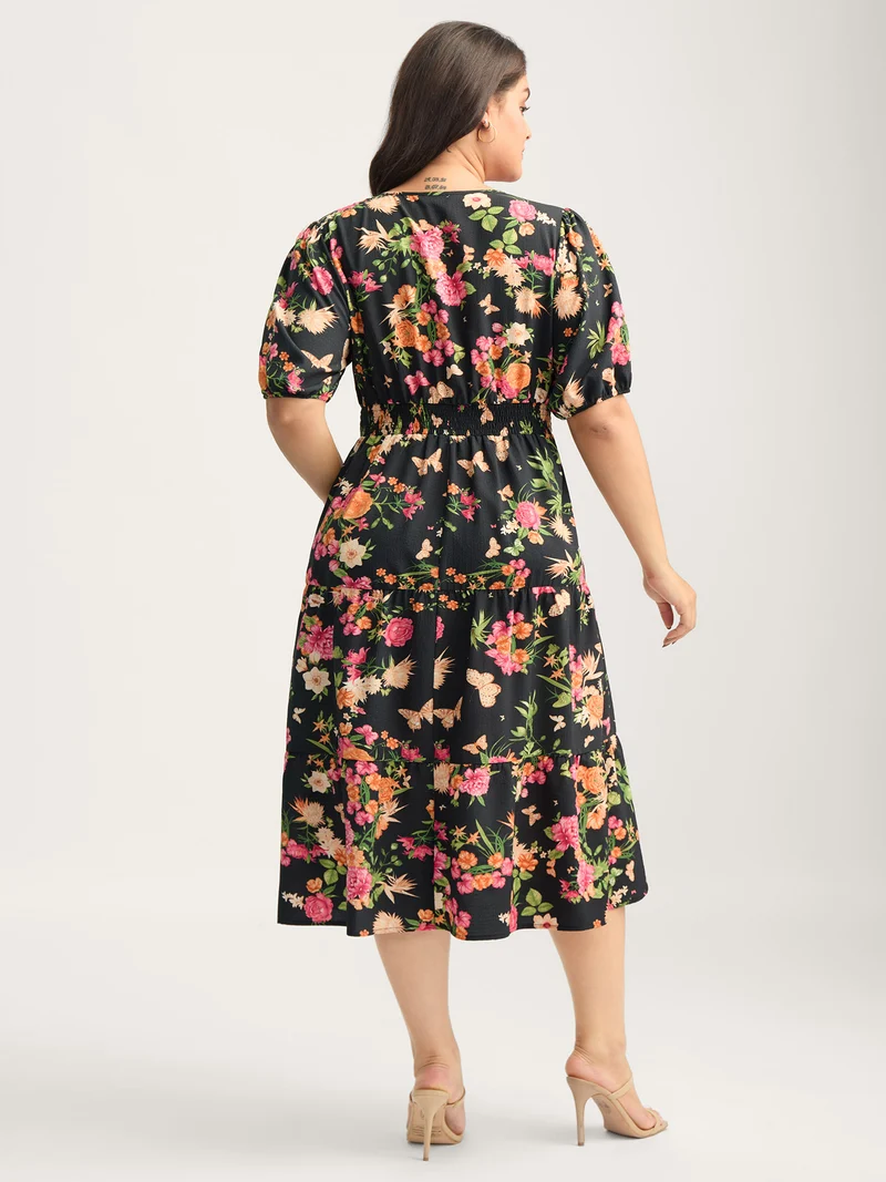 Sweet Floral Print Puff Sleeve Midi Dress