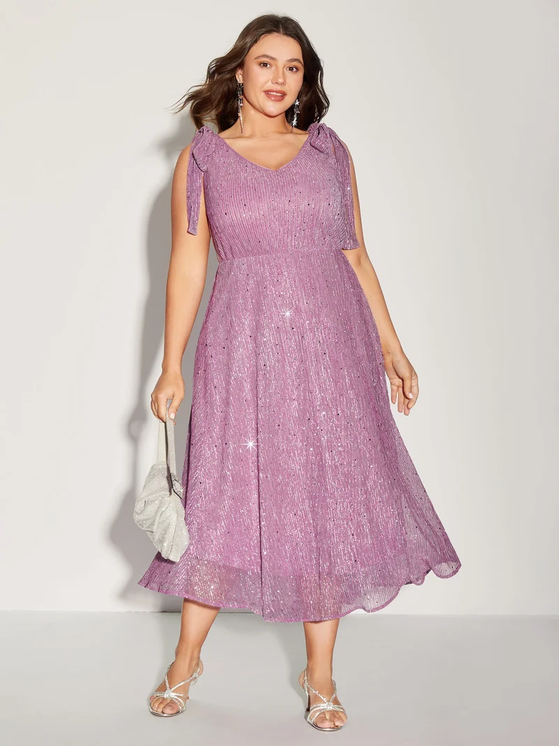 Shimmery Silk Feel Shoulder Tie Midi Dress