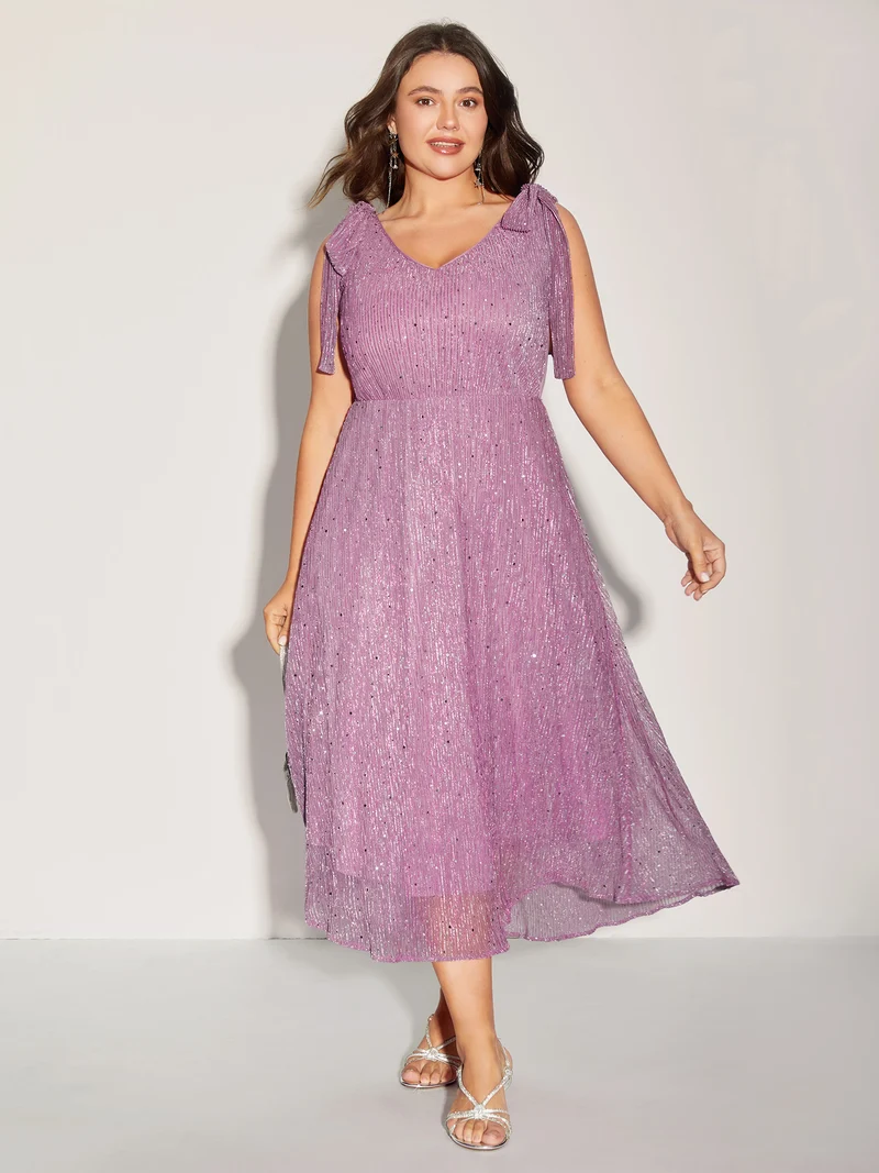 Shimmery Silk Feel Shoulder Tie Midi Dress