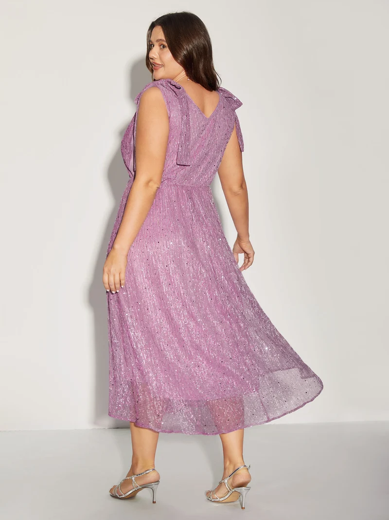 Shimmery Silk Feel Shoulder Tie Midi Dress
