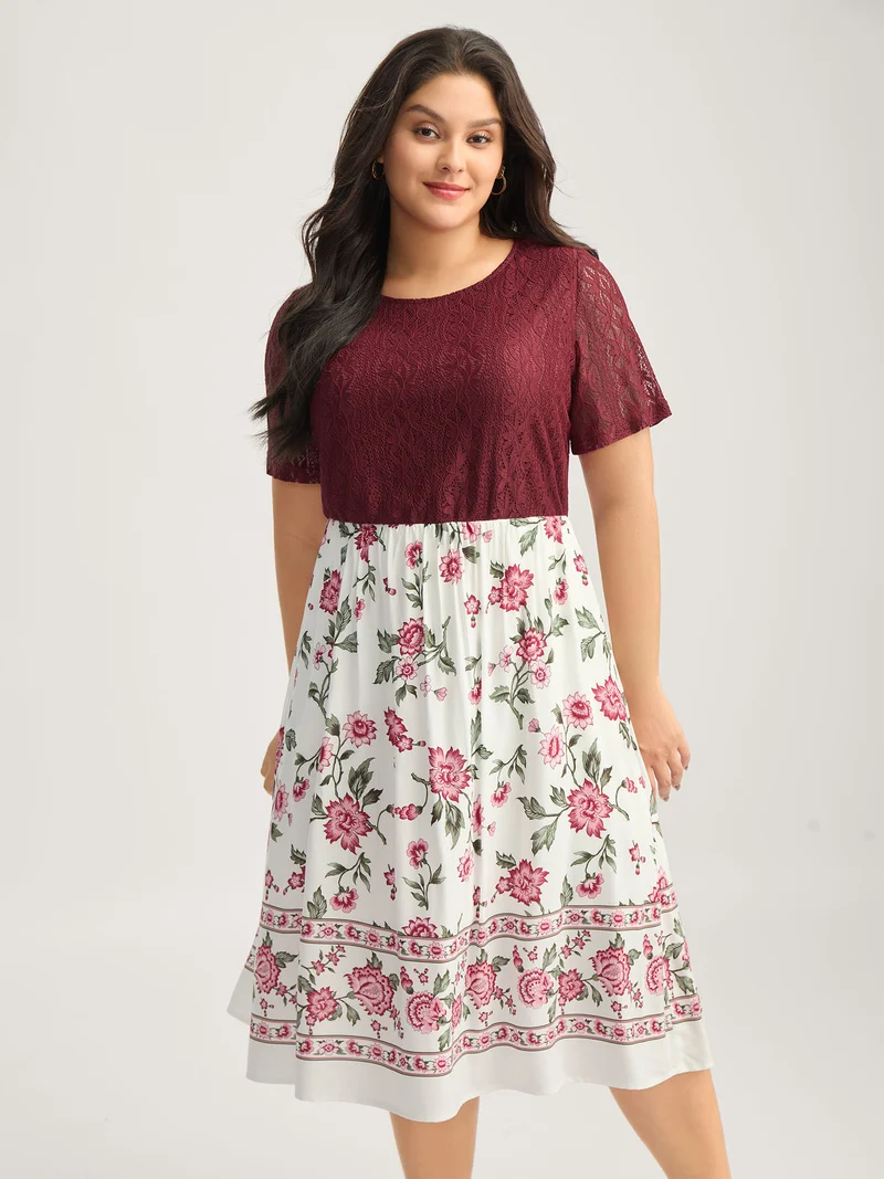 Floral Lace Stretchy Waist Contrast Midi Dress