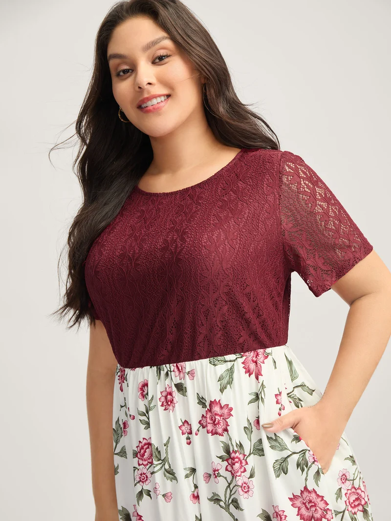 Floral Lace Stretchy Waist Contrast Midi Dress
