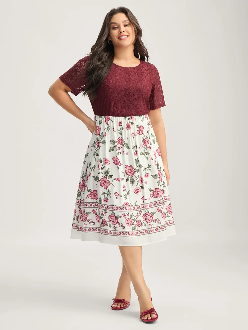 Floral Lace Stretchy Waist Contrast Midi Dress