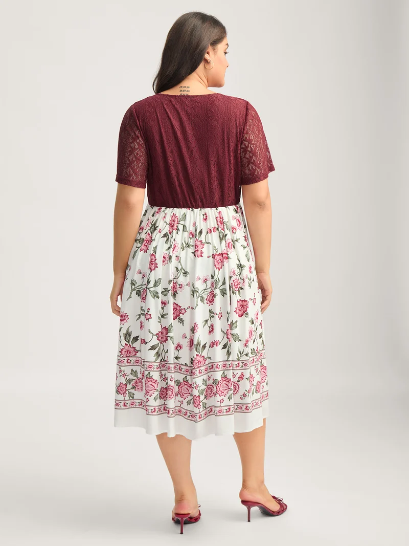 Floral Lace Stretchy Waist Contrast Midi Dress