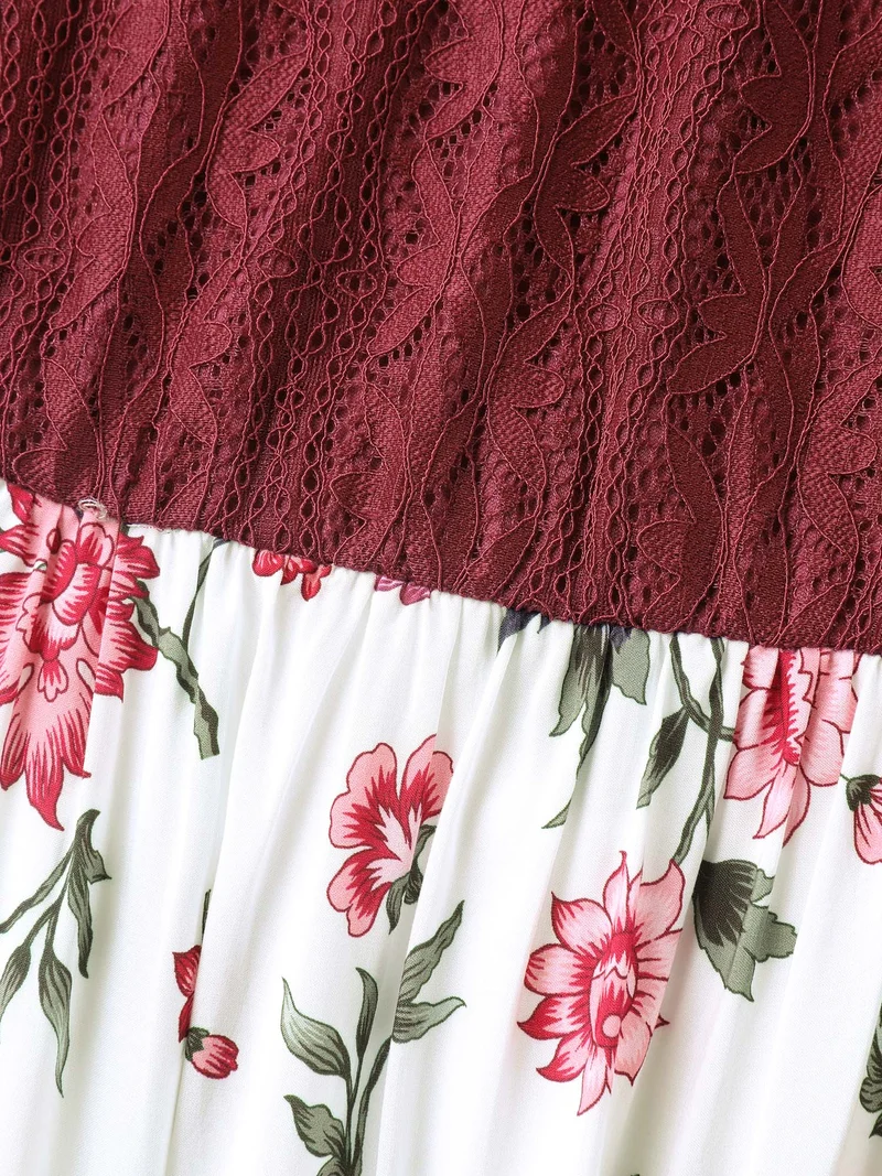 Floral Lace Stretchy Waist Contrast Midi Dress