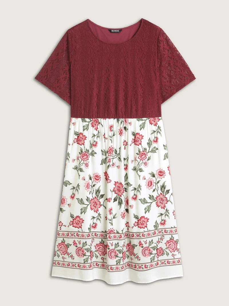 Floral Lace Stretchy Waist Contrast Midi Dress