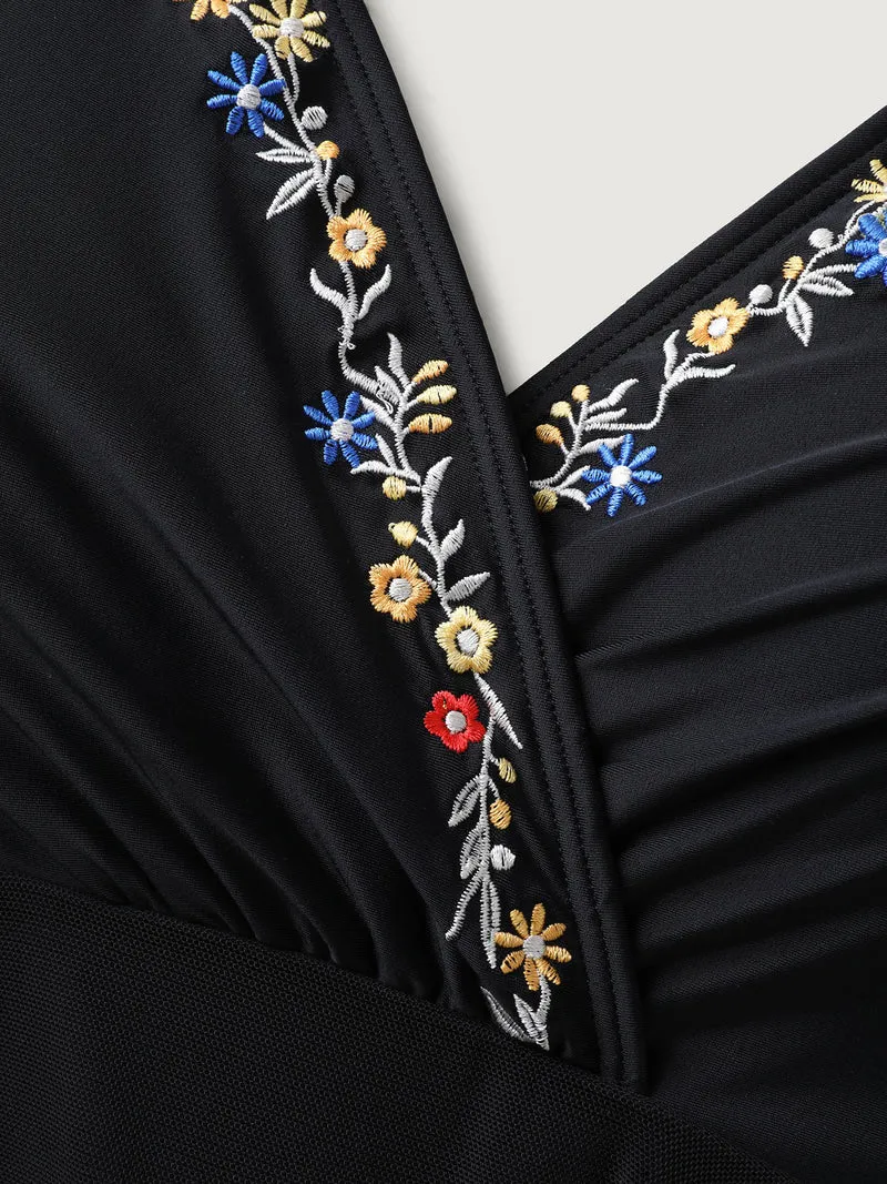 Floral Embroidered Sheer Surplice Swim Dress