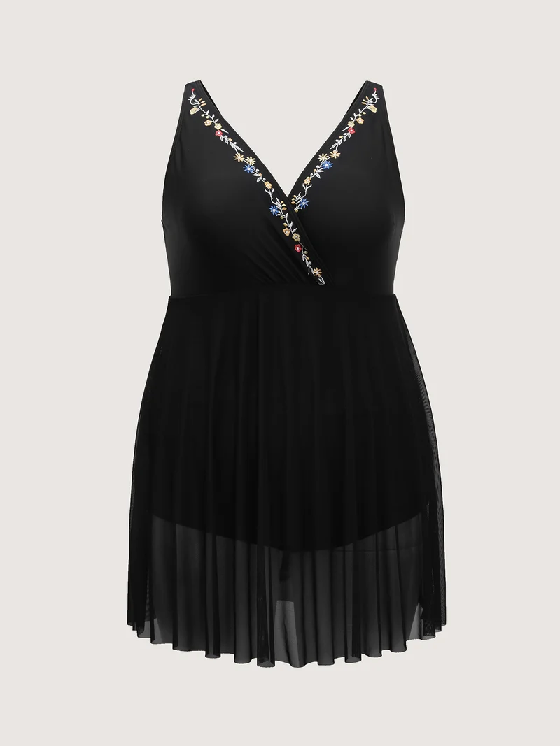 Floral Embroidered Sheer Surplice Swim Dress