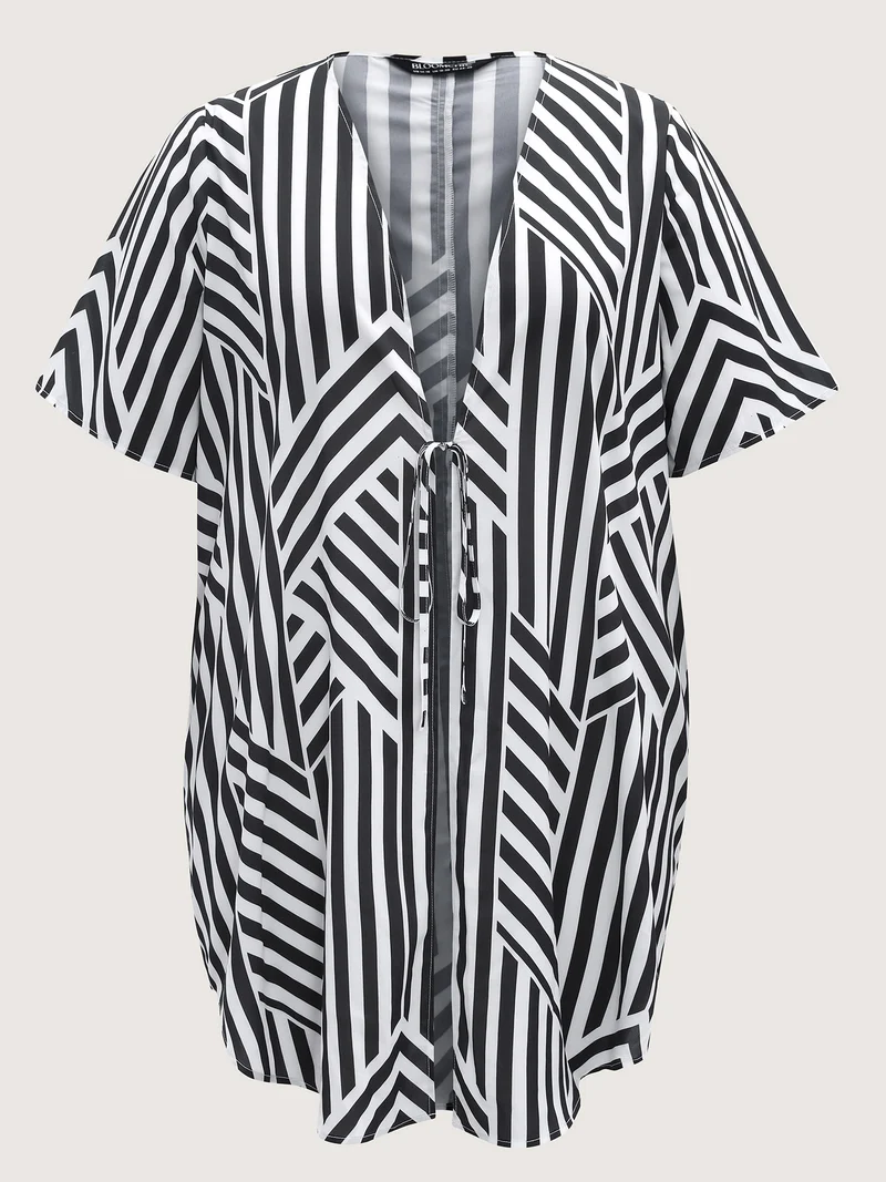 Asymmetrical Stripes Front-Tie Kimono