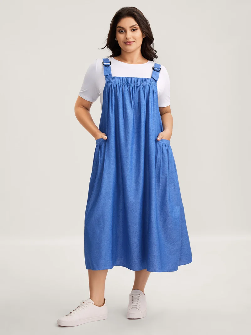 Overall Straps Pleated Pockets Midi Dress