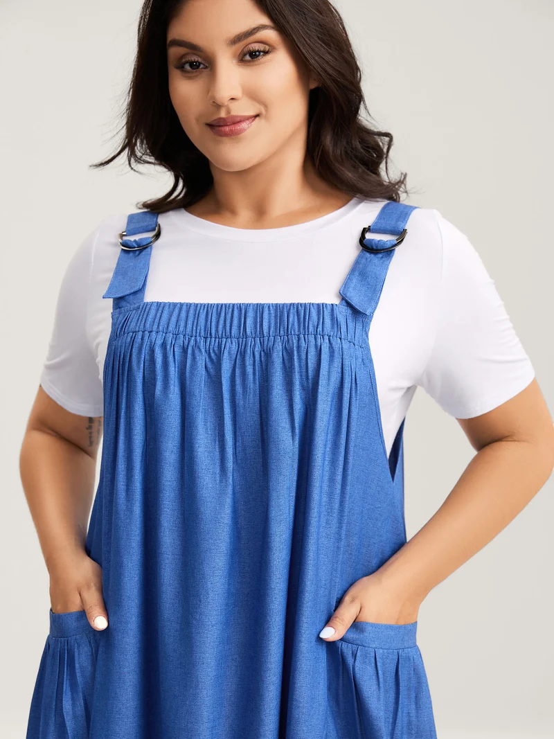 Overall Straps Pleated Pockets Midi Dress