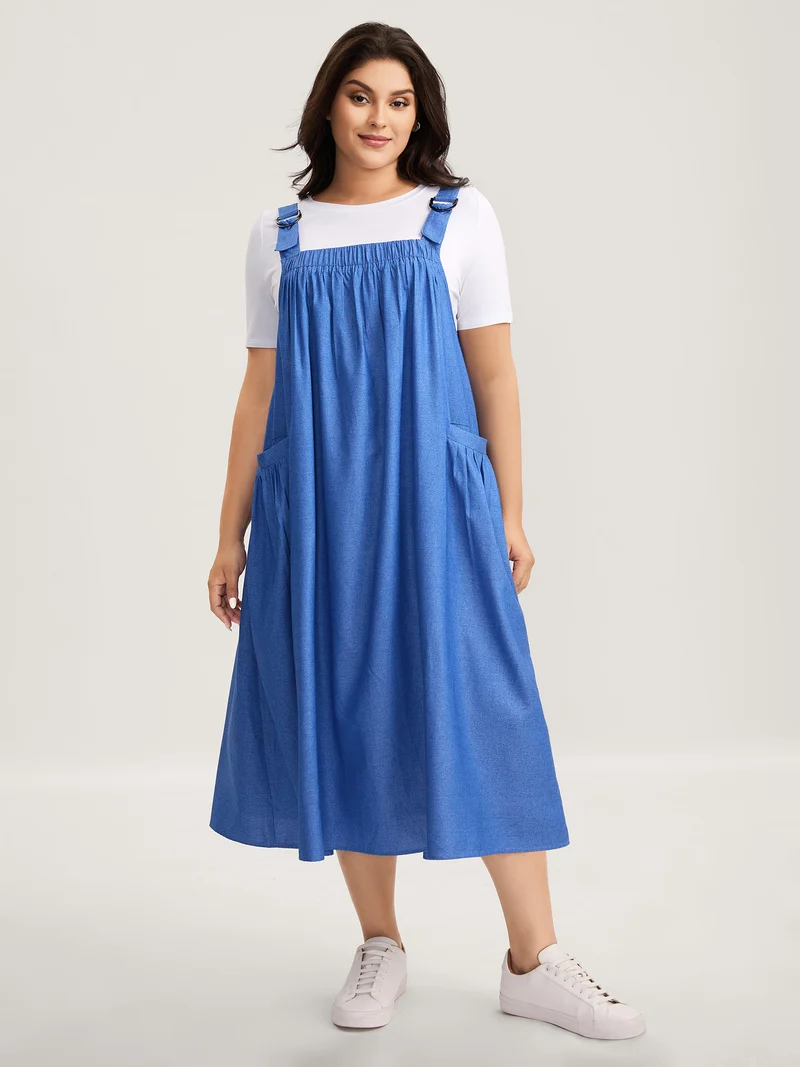 Overall Straps Pleated Pockets Midi Dress