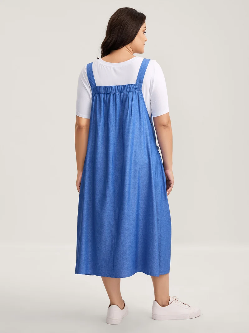 Overall Straps Pleated Pockets Midi Dress