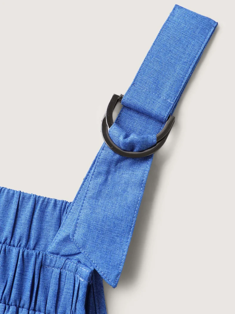 Overall Straps Pleated Pockets Midi Dress