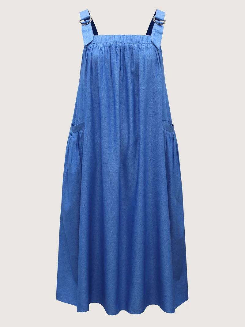 Overall Straps Pleated Pockets Midi Dress