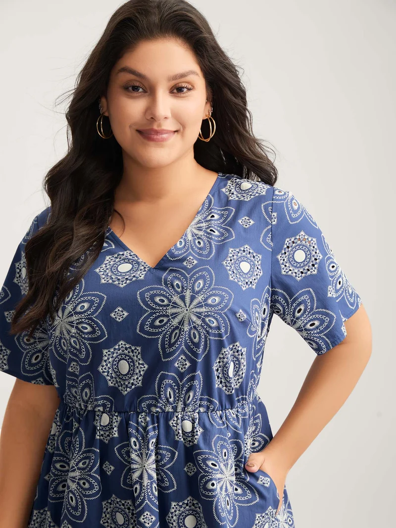 Cotton Large Floral Print Textured Pockets Midi Dress