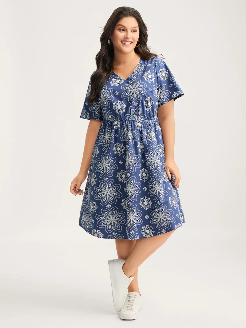 Cotton Large Floral Print Textured Pockets Midi Dress