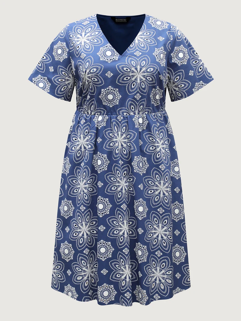 Cotton Large Floral Print Textured Pockets Midi Dress