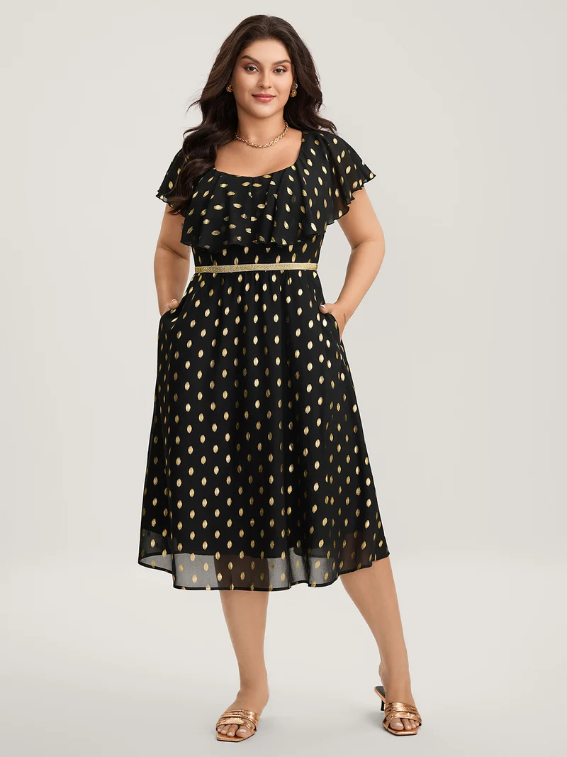 Shimmery Polka Dot Stretchy Waist Midi Dress
