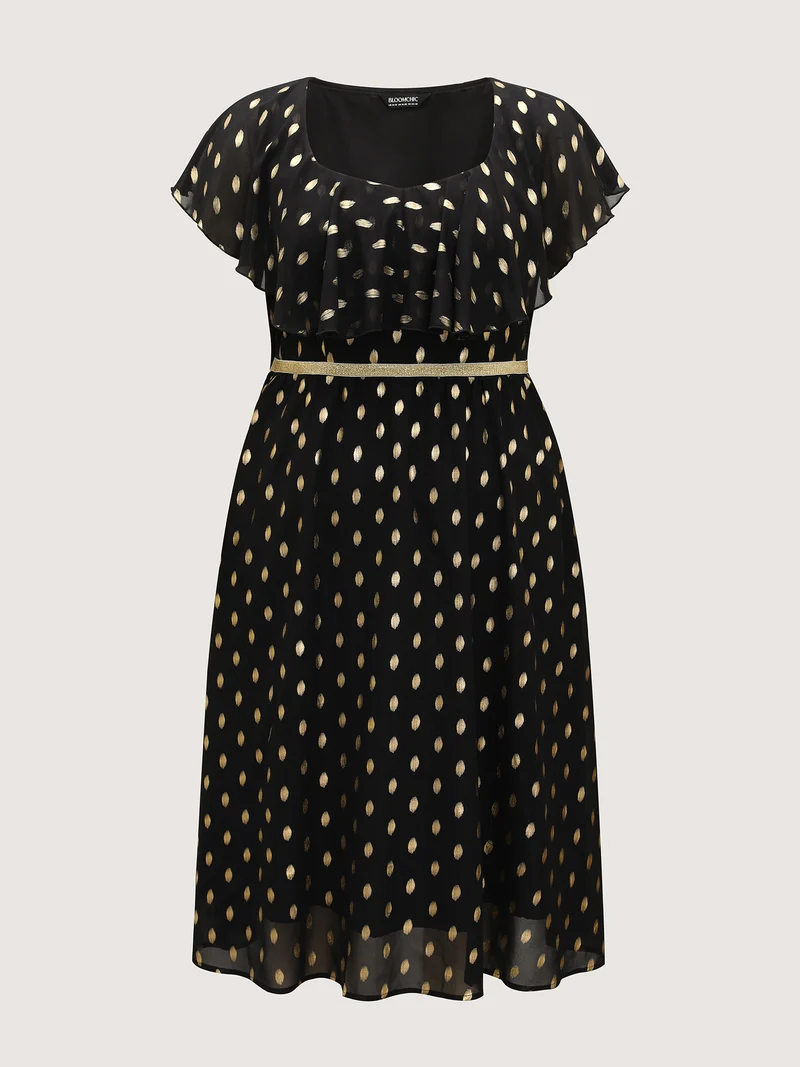 Shimmery Polka Dot Stretchy Waist Midi Dress