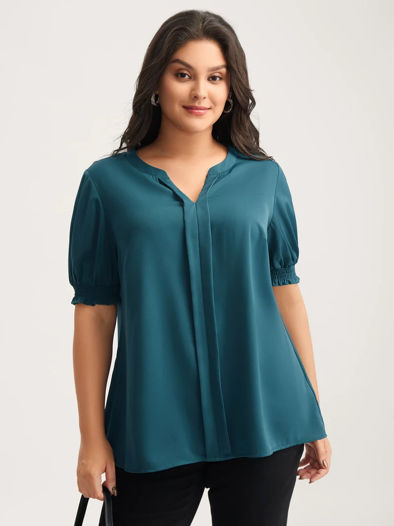 Shirred Puffy Sleeve Solid Blouse