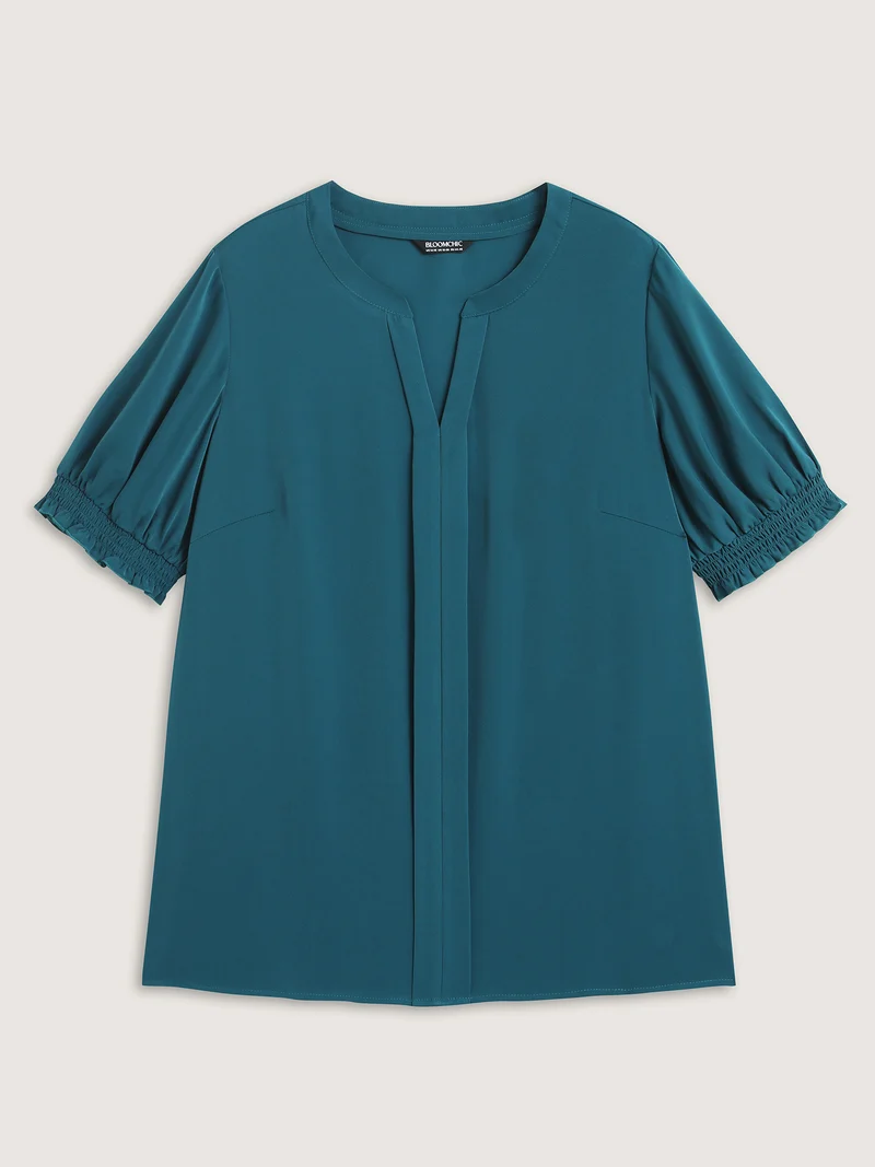 Shirred Puffy Sleeve Solid Blouse