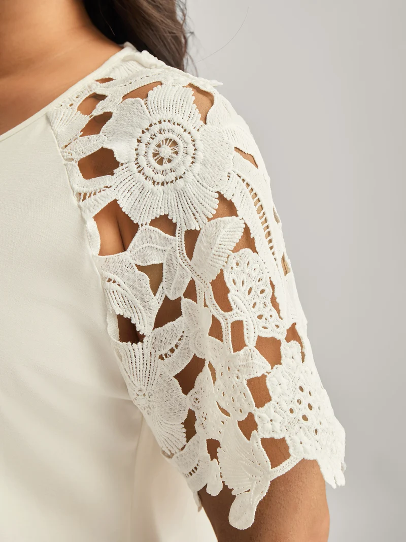 Lace Cut-Out Sleeve Solid T-Shirt