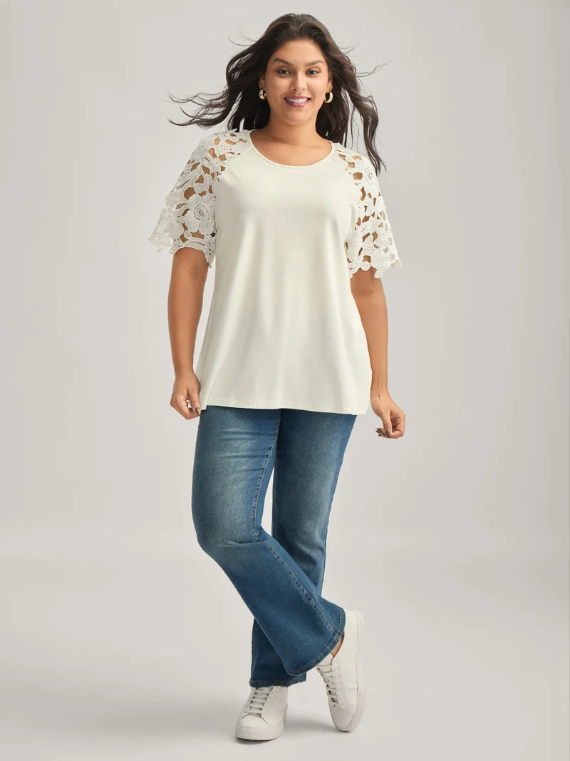 Lace Cut-Out Sleeve Solid T-Shirt
